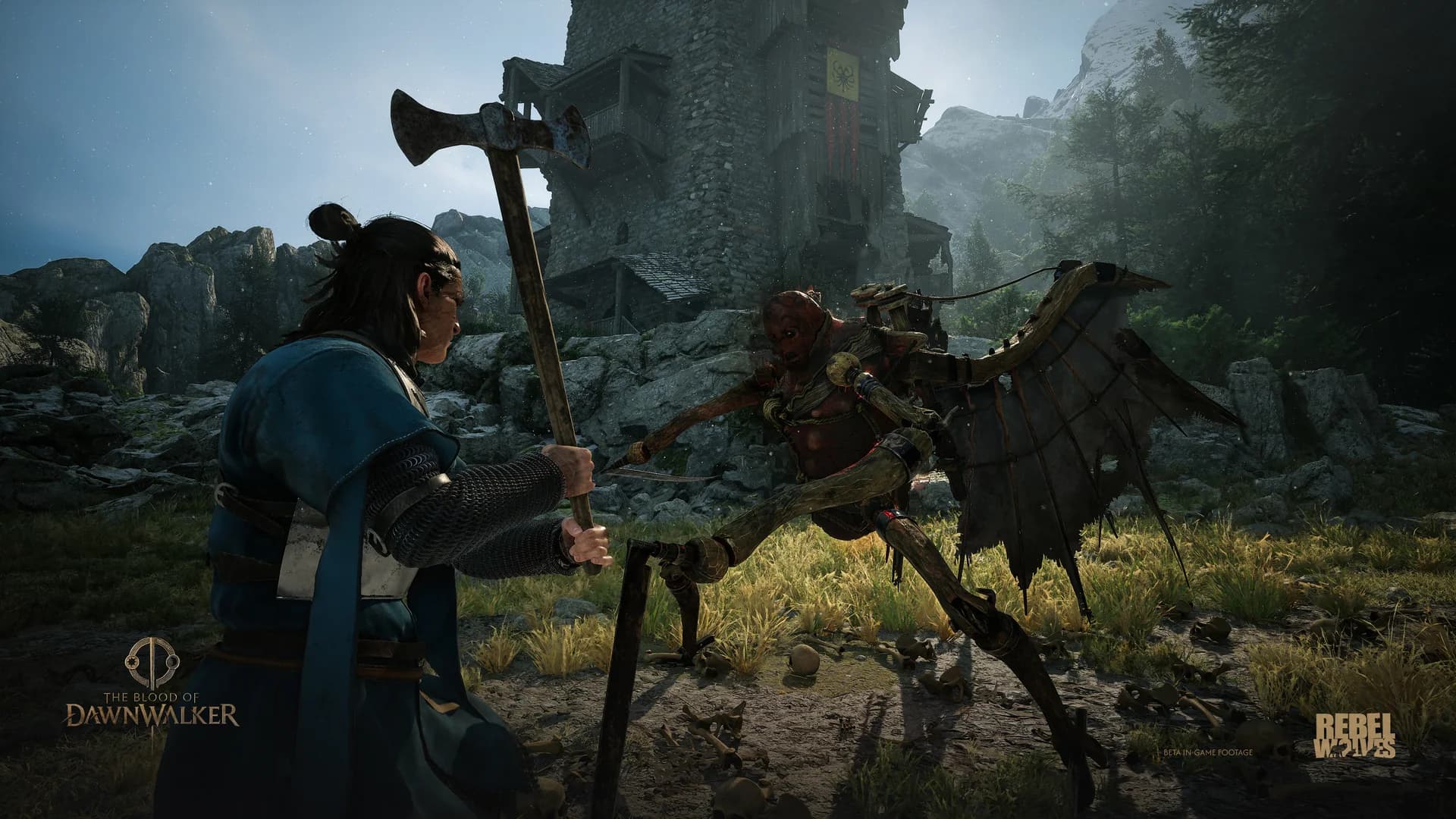Coen fighting a winged creature with an axe during daylight gameplay