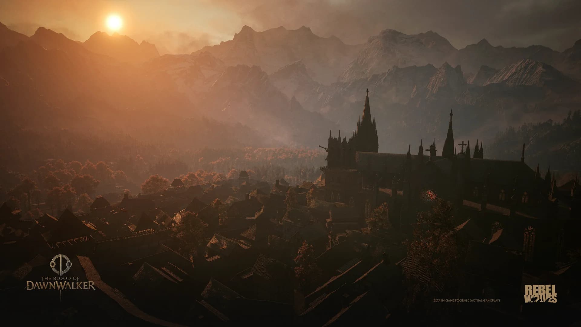 A fortified city and cathedral in the mountainous Vale Sangora at dusk